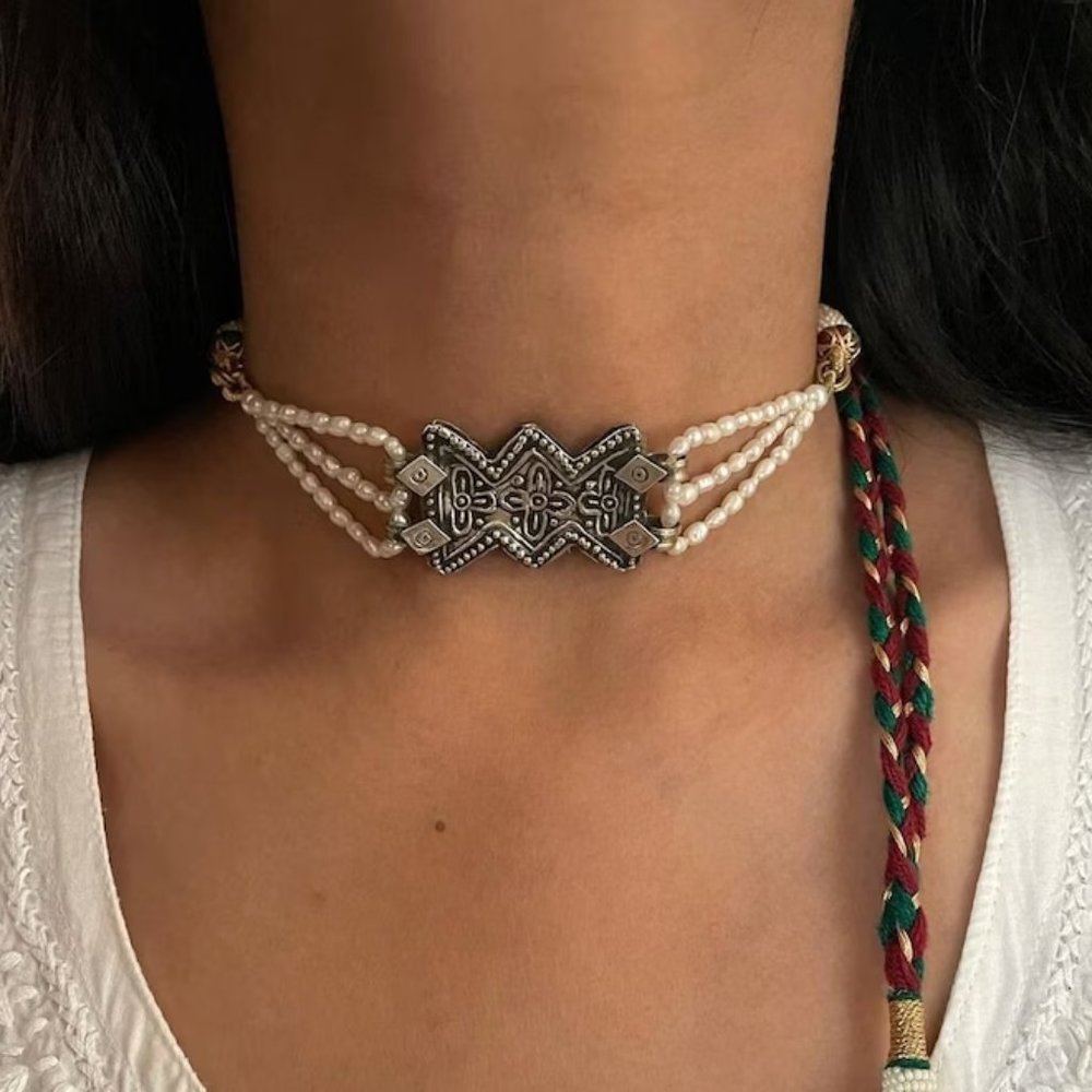 Afghan Motif Choker With Pearls, Tribal Choker Necklace, Pearls Necklace,